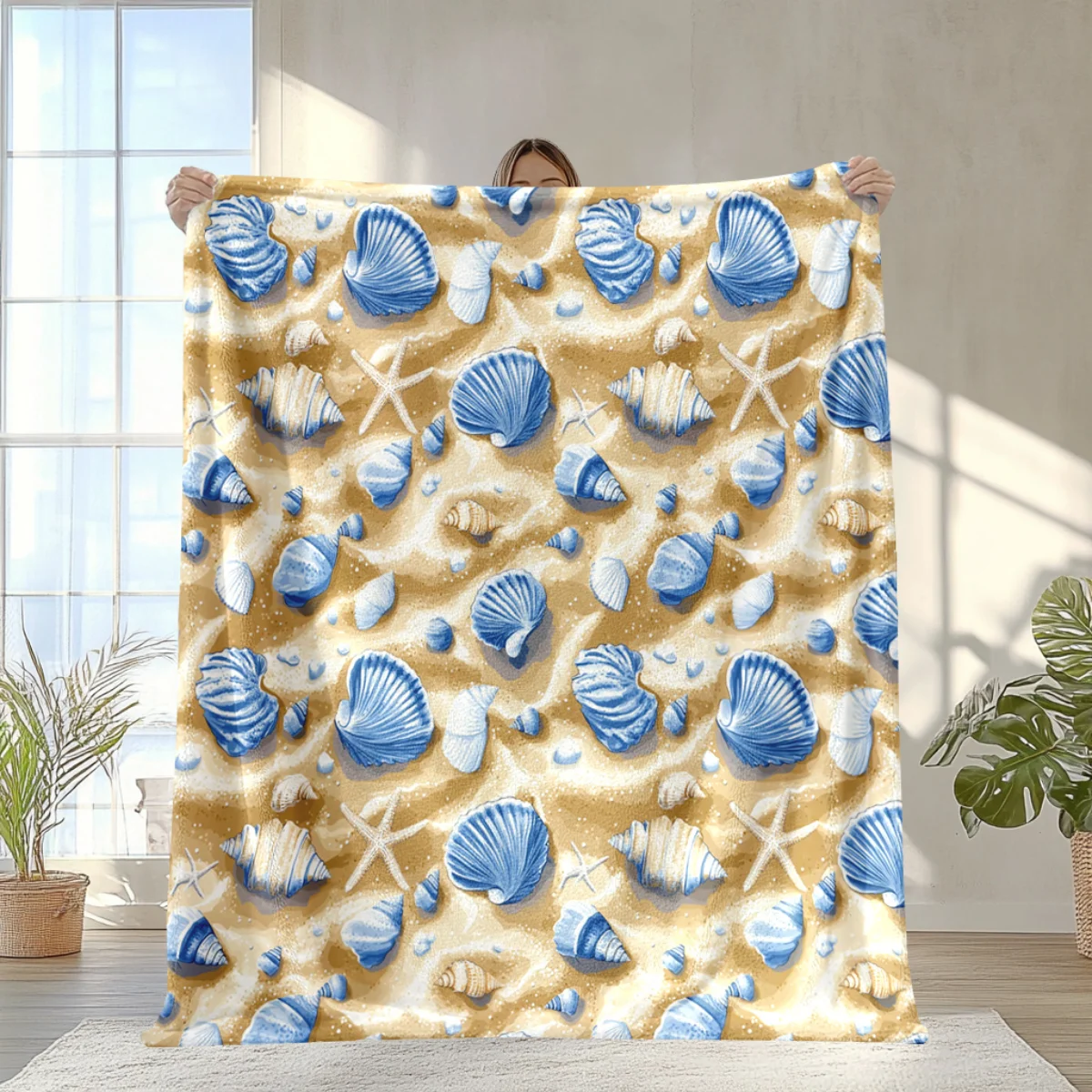 Beach seashell pattern flannel blanket - soft and warm, perfect for sofas, beds, chairs, camping, and as a holiday gift for boys