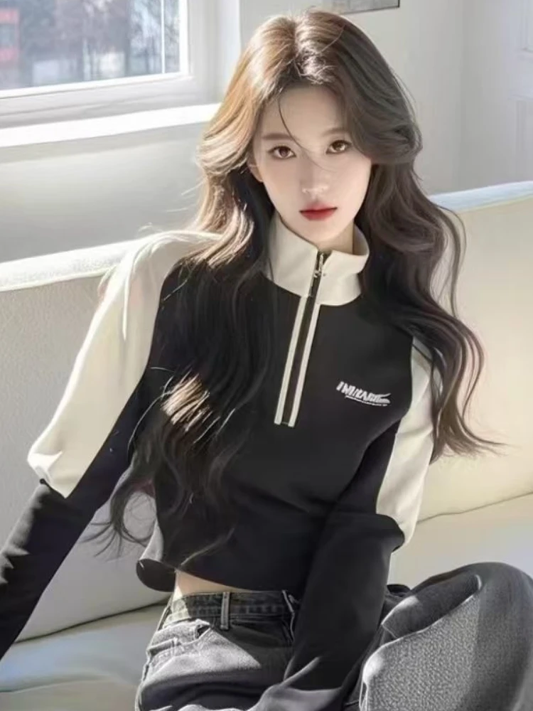 Unique couleur ample contraste lettre col montant à capuche femmes Design sens de Niche Super joli haut cousu demi-fermeture éclair