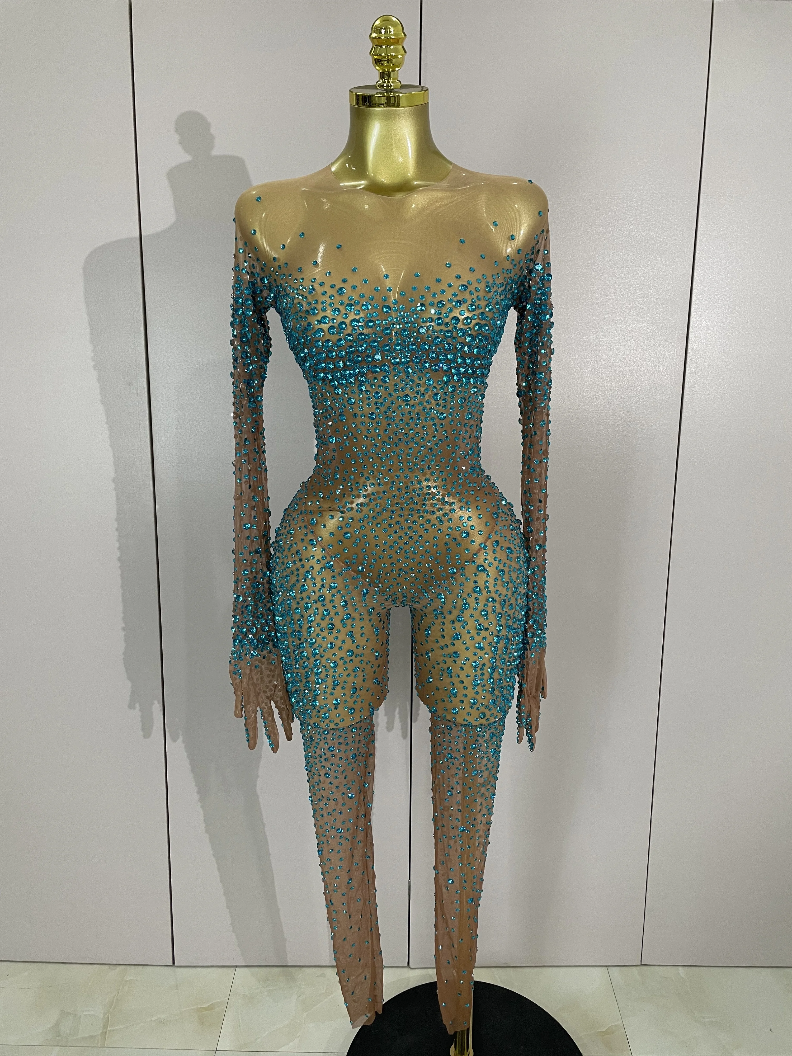 Women Sexy Mesh See Through Luxury Sparkly Rhinestones Bodycon Jumpsuit Birthday Gown Women Bar Nightclub Dancer Stage Outfit