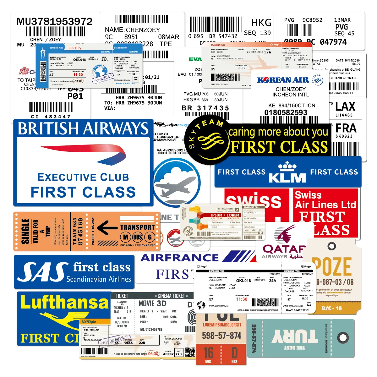 30 Stück Flugticket- und Bordkarten-Aufkleber Graffiti-Sticker Wasserfeste Reisegepäck-Laptop-Skateboard-Kühlschrank-Spielzeug-Aufkleber
