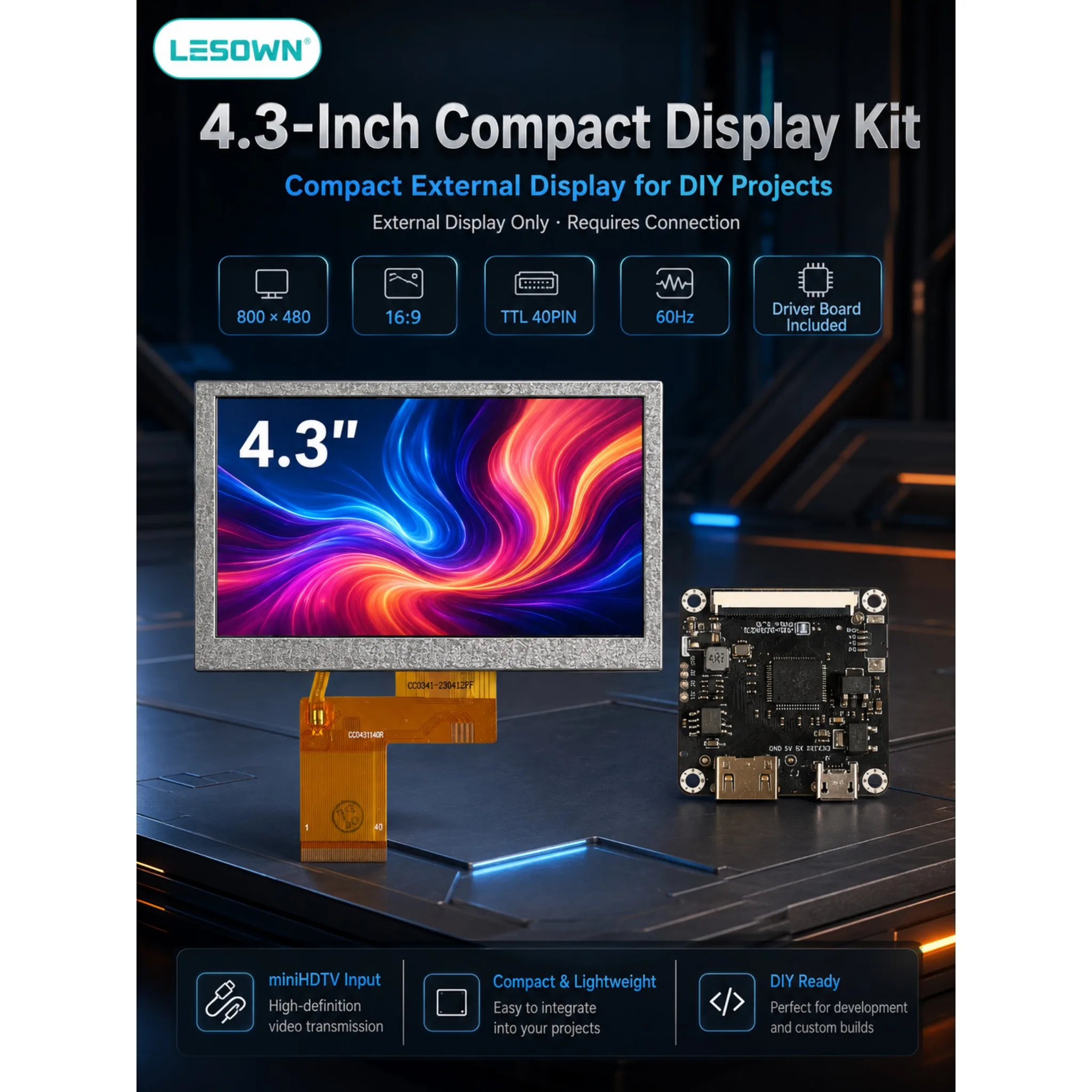 LESOWN 4.3 inch 800x480 WVGA Monitor Panel No Driver Needed miniHDTV TTL 40PIN 300nit for Instrument