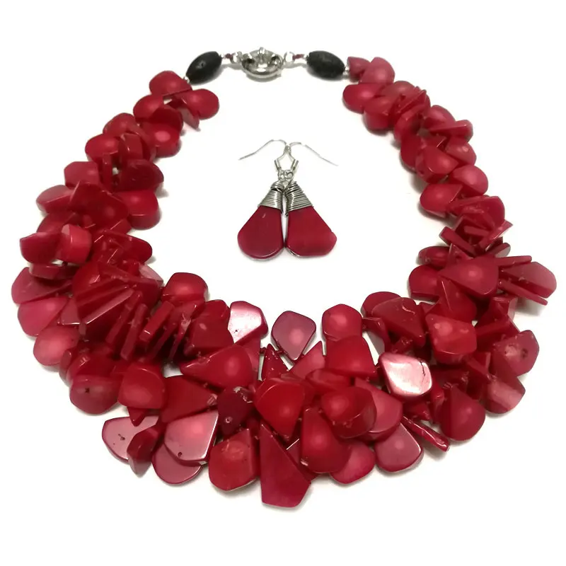 

16 inches Red Irregular Seed Shaped Coral Beaded Necklace Jewelry Set