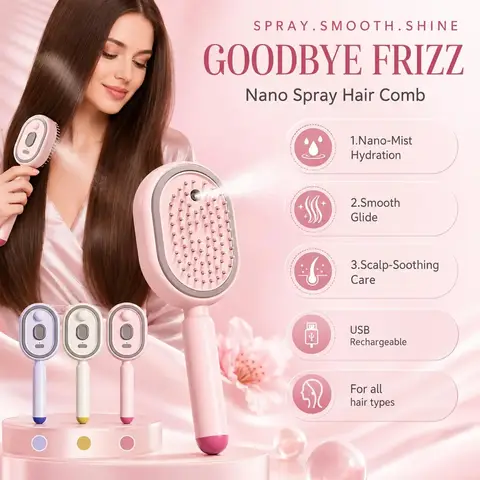 2026 Electric Steaming Hair Straightener Brush Electric Spray Air Cushion Massage Hair Brush Rechargeable Detangling Steam Brush