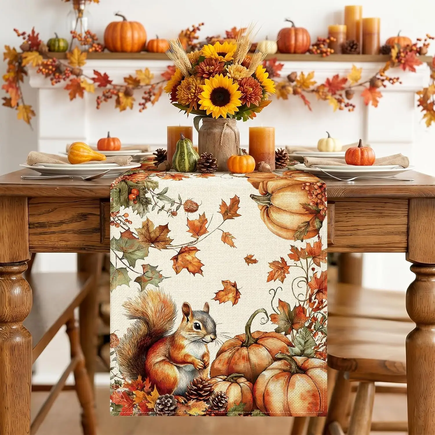 Fall Pumpkins Squirrel Maple Leaves Linen Table Runner Home Decor Autumn Harvest Kitchen Dining Table Runners Thanksgiving Decor