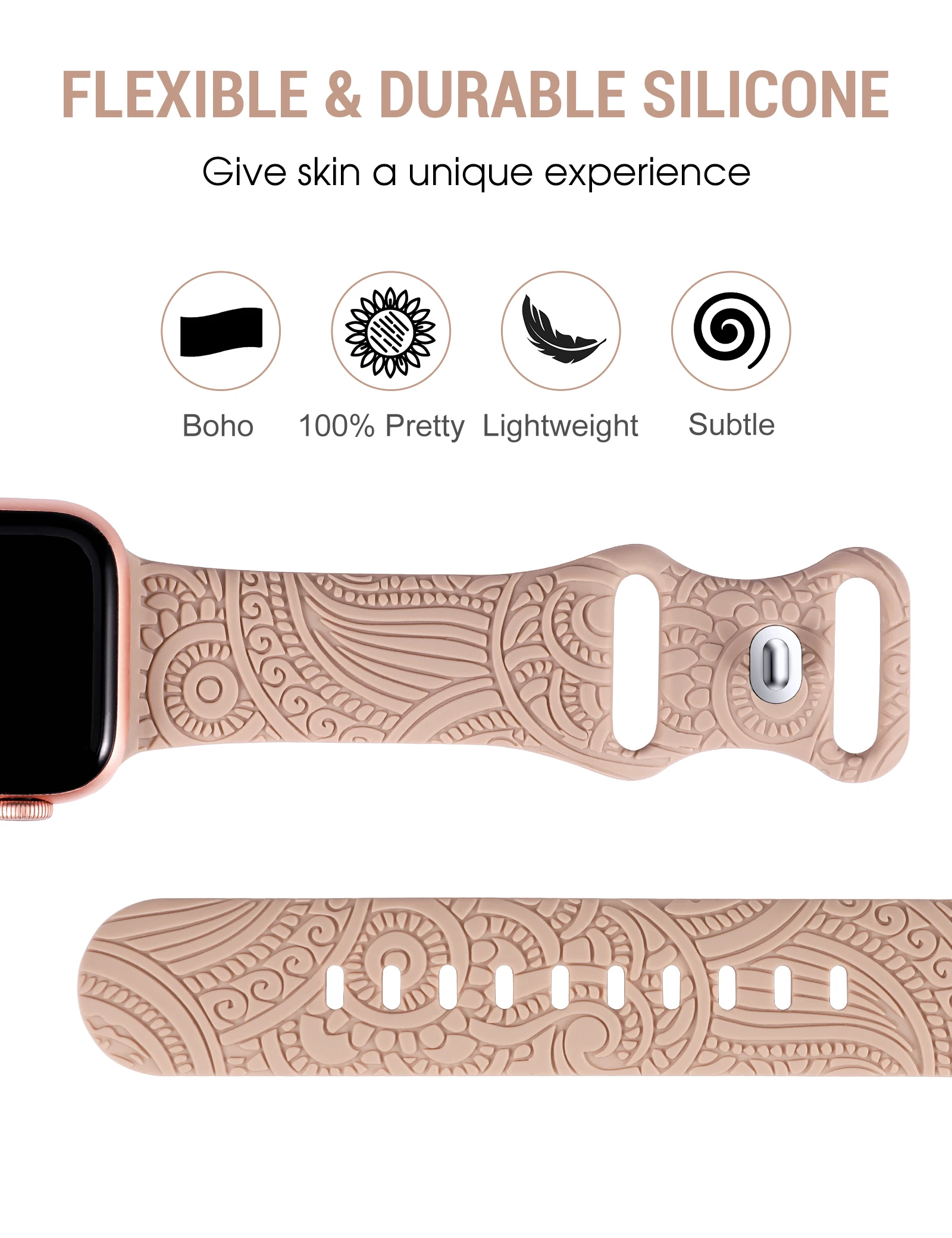 Toyouths Engraved Band for Apple Watch 38mm 40mm 41mm Floral Silicone Sport Strap for iWatch Series Ultra 2/9/8/7/6/5/4/3/2/1/SE