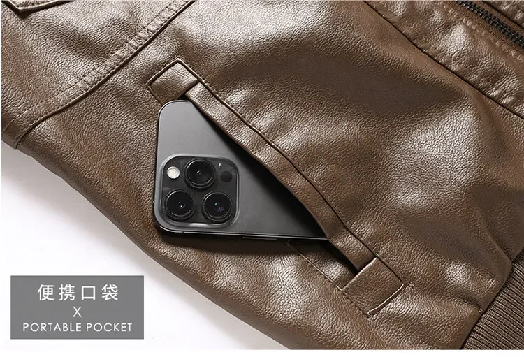 New Men Hooded Leather Jacket Double Zipper Windproof Warm Jacket Men's Fashion Motorcycle Biker LeatherJacket High Quality