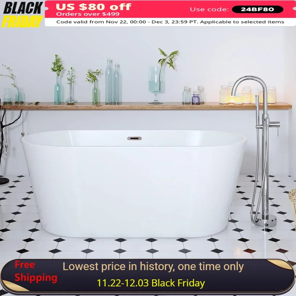 59 in Seamless Acrylic Freestanding Oval Bathtub with Satin Nickel Drain，Acrylic Bathtubs with Hidden Self-levelling Feet