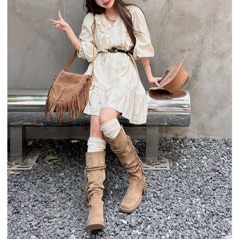 

Women's Suede Tassel Knee-High Boots 2026 Fall Western Chunky Heel Ruched Slip-On Vintage Riding Boots for Ladies
