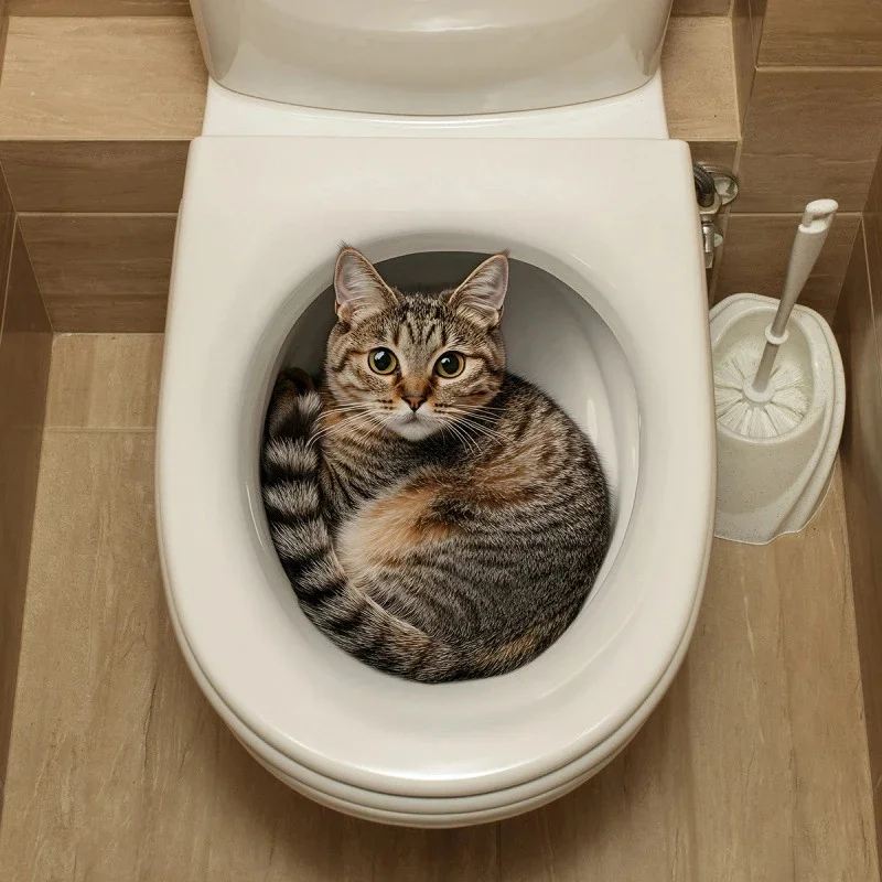 Realistic Cat Curled In Toilet Bowl Wall Sticker Waterproof Wall Decal Funny Optical Illusion Mural for Bathroom Toilet Decor