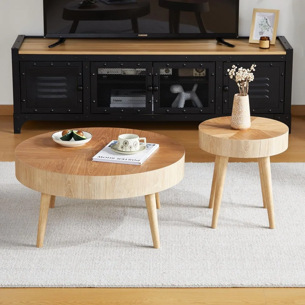 Conjunto de mesa de centro de 2 peças, conjunto de mesa de sala de estar circular de fazenda de 2, conjunto de mesa final moderna com acabamento em grão de madeira para sala de estar