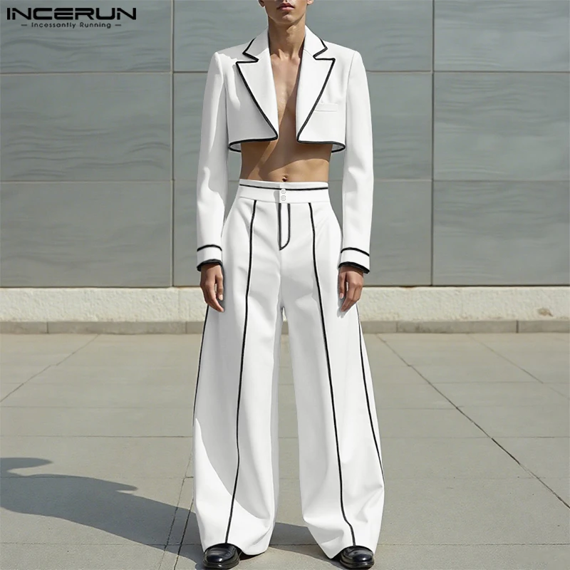 INCERUN Men Sets Patchwork Loose Long Sleeve Crop Blazer & Pants Two Pieces Sets Streetwear 2025 Fashion Casual Men's Suits
