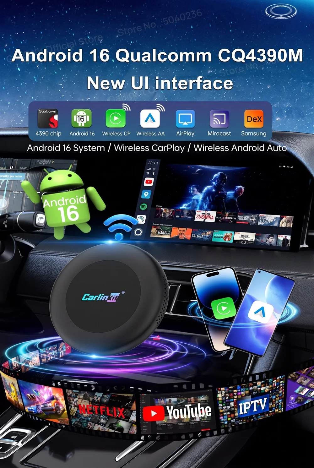 CarlinKit Android 16 Ultra 2 CarPlay Ai Box CQ4390 8G+128GB Bildschirmspiegelung Kabelloses Android Auto Split-Screen FOTA Für Netflix – Detail 1