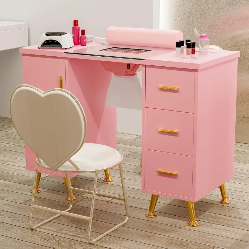 Glass Top Salon Manicure Table with Electric Vent, Wrist Cushion, Storage Drawers, Metal Handles and Golden Legs (Pink)