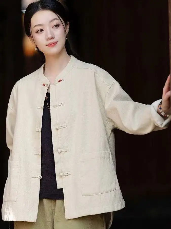 

Хлопковое дэт с воротником из конопли в стиле ретро, женское свободное приталенное хлопковое пальто на пуговицах, осенне-зимняя верхняя одежда