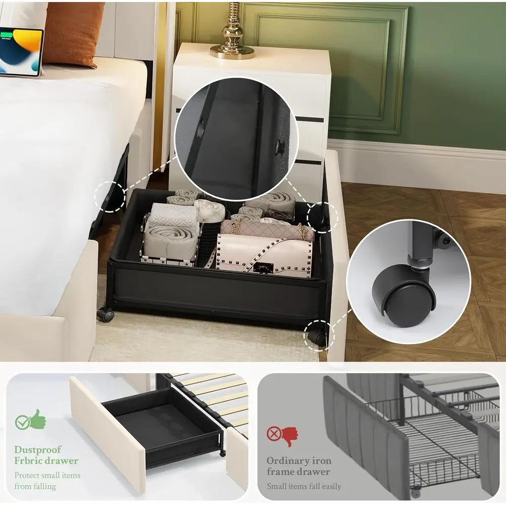Beige 51 Upholstered Platform Bed with 4 Dustproof Drawers, 2-Tier Storage, Adjustable Panel, Charging Station, LED Lights, Easy
