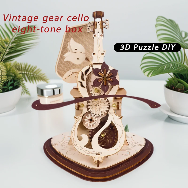 3D Wooden Music Box Wooden Mechanical Puzzle DIY Magic Cello Moveable Stem Funny Creative Music Instrument Toys for kid\'s Gifts