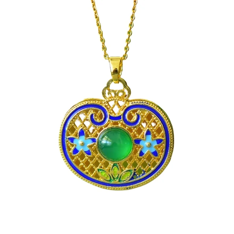 Copper Inlaid Chalcedony Round Drum Surface Ruyi Lock Enamel Hollow Pendant Exquisite Fashion New Chinese Women's Necklace