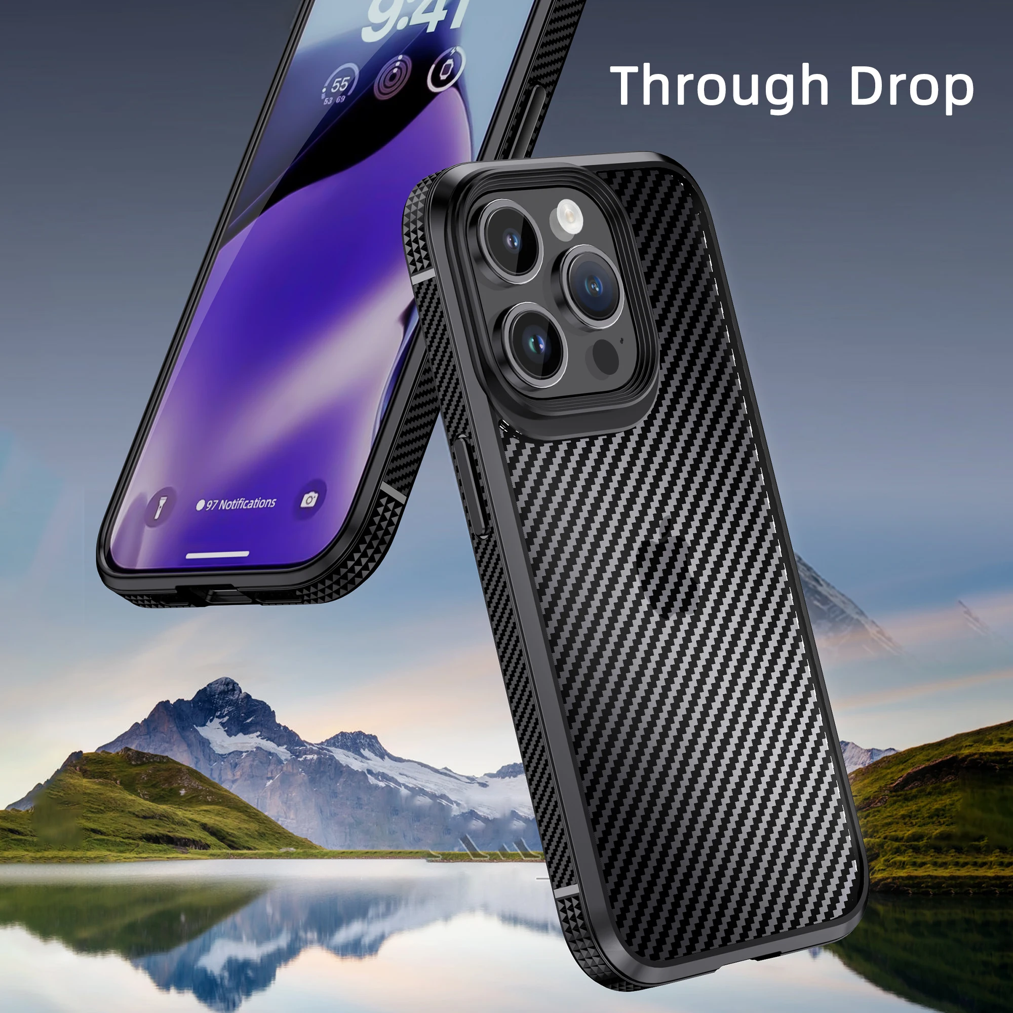 IPAKY for iPhone 15 Case 15 Pro 15 Plus Carbon Fiber Translucent Back Rhombus Airbags Shockproof Case for iPhone 15 Pro Max Case