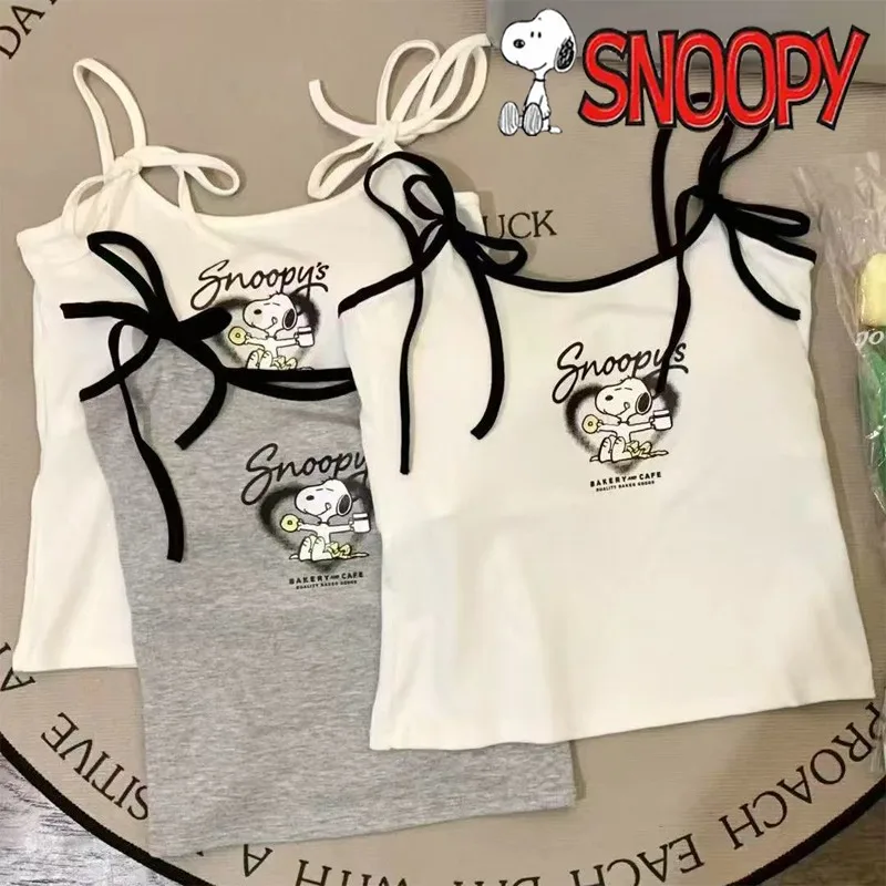 Kawaii Snoopy женский топ с лямкой на шее, летние женские вязаные укороченные топы без рукавов с героями мультфильмов Y2K, модные повседневные винтажные топы на бретелях, подарки