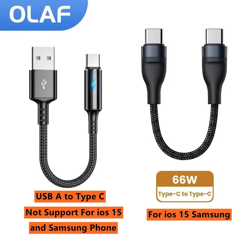 25CM Short Cable 66W Fast Charging Type C TO Type C Data Cord For iPhone 15 16 Pro Samsung Huawei 3A USB Type C Power Bank Cable