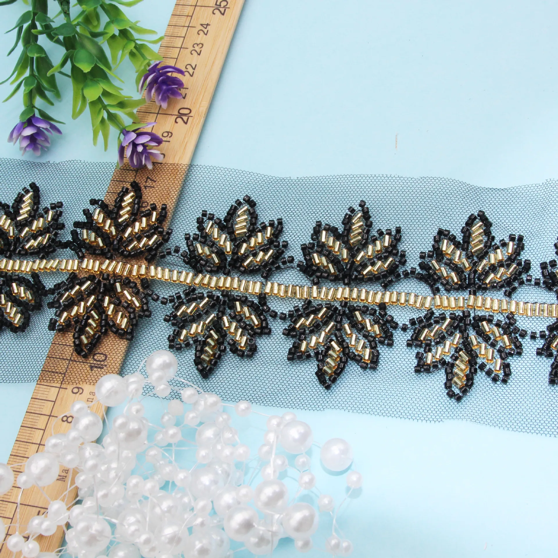 Gold Flower Beaded Lace Trim with Glass Beads Lace Ribbon for DIY Lace Waist Chain Skirt Hem Dress Women's Clothing Accessories