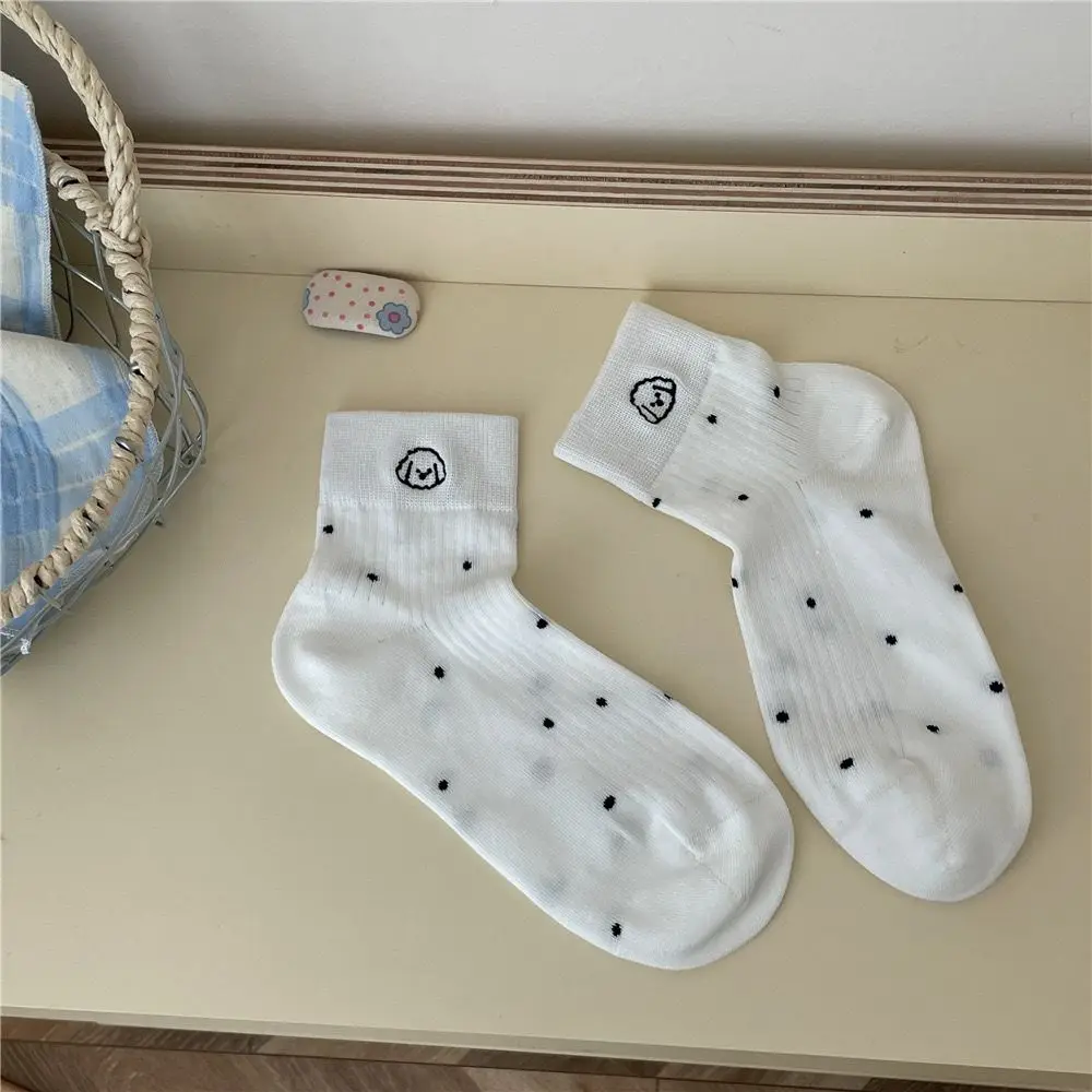 Puppy Cartoon Dog Embroidery Short Socks Stripe Thin Women's Dots Cotton Ankle Sock Hosiery Dots Sweet Cute Medium Tube Socks