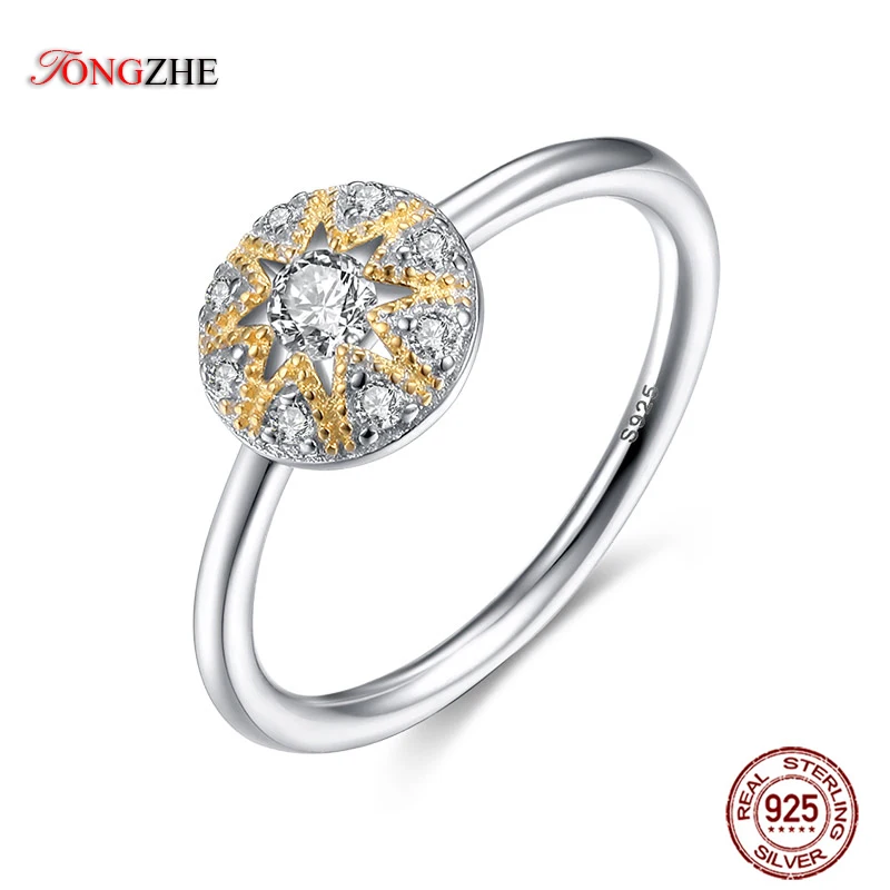 

TONGZHE Shinning Sun Gold Color Flower Rings For Women 100% 925 Sterling Silver Men Crystal Bloom Charm Wedding Jewelry