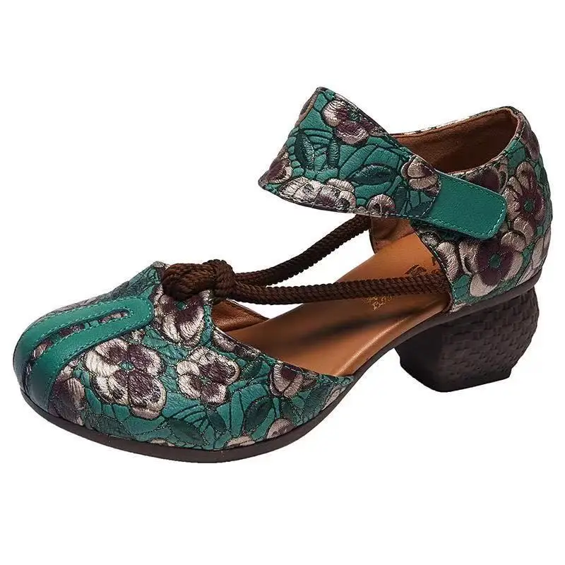 

Elegant Ethnic Style Women's Sandals Comfortable Soft Bottom Thick Heel Genuine Leather Open-Toe Floral Embossed Square Dance