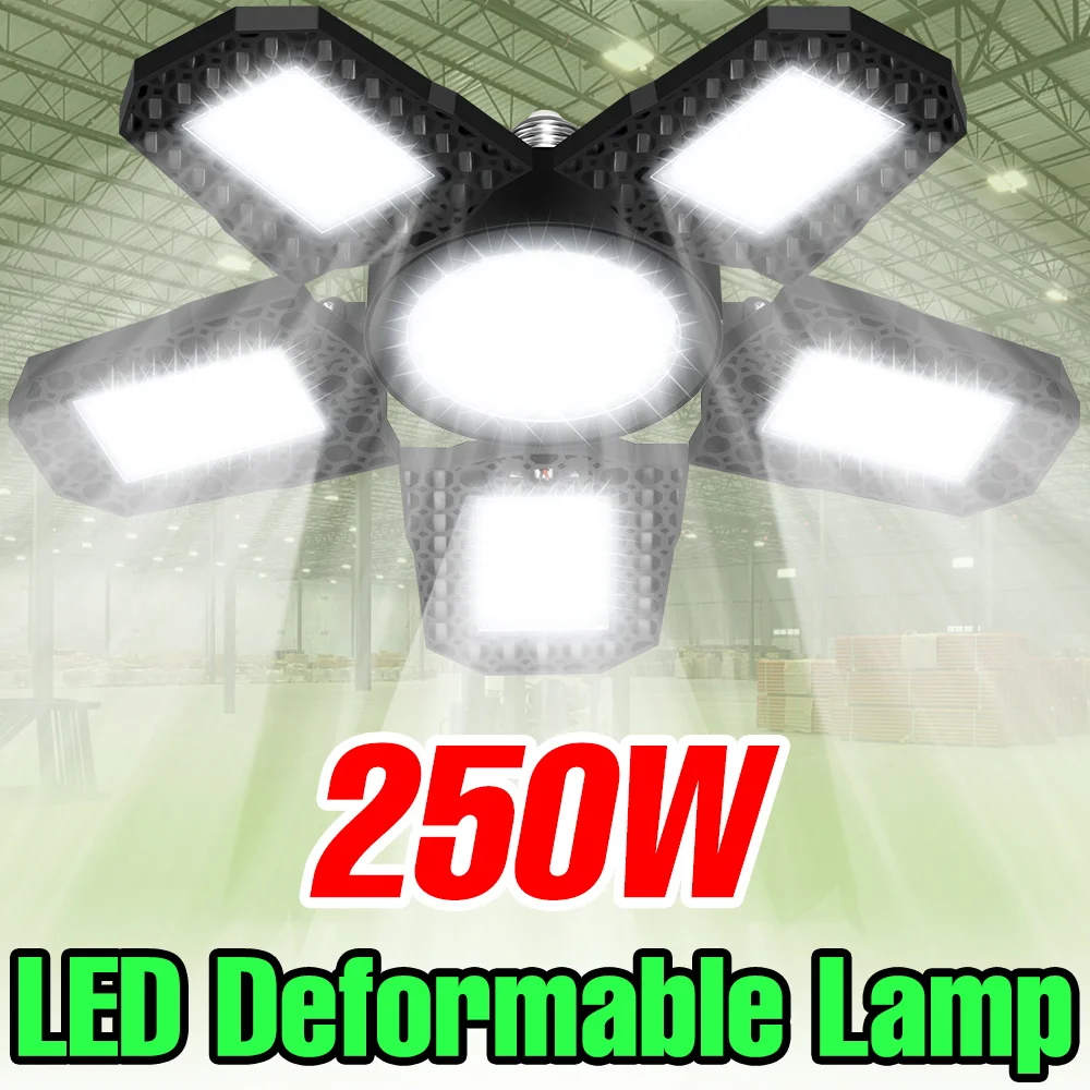 250W E27 LED Garage Light Bulb Ceiling Lamp Folding Deformation Spotlights Home Warehouse Basement Workshop  Industrial Lighting