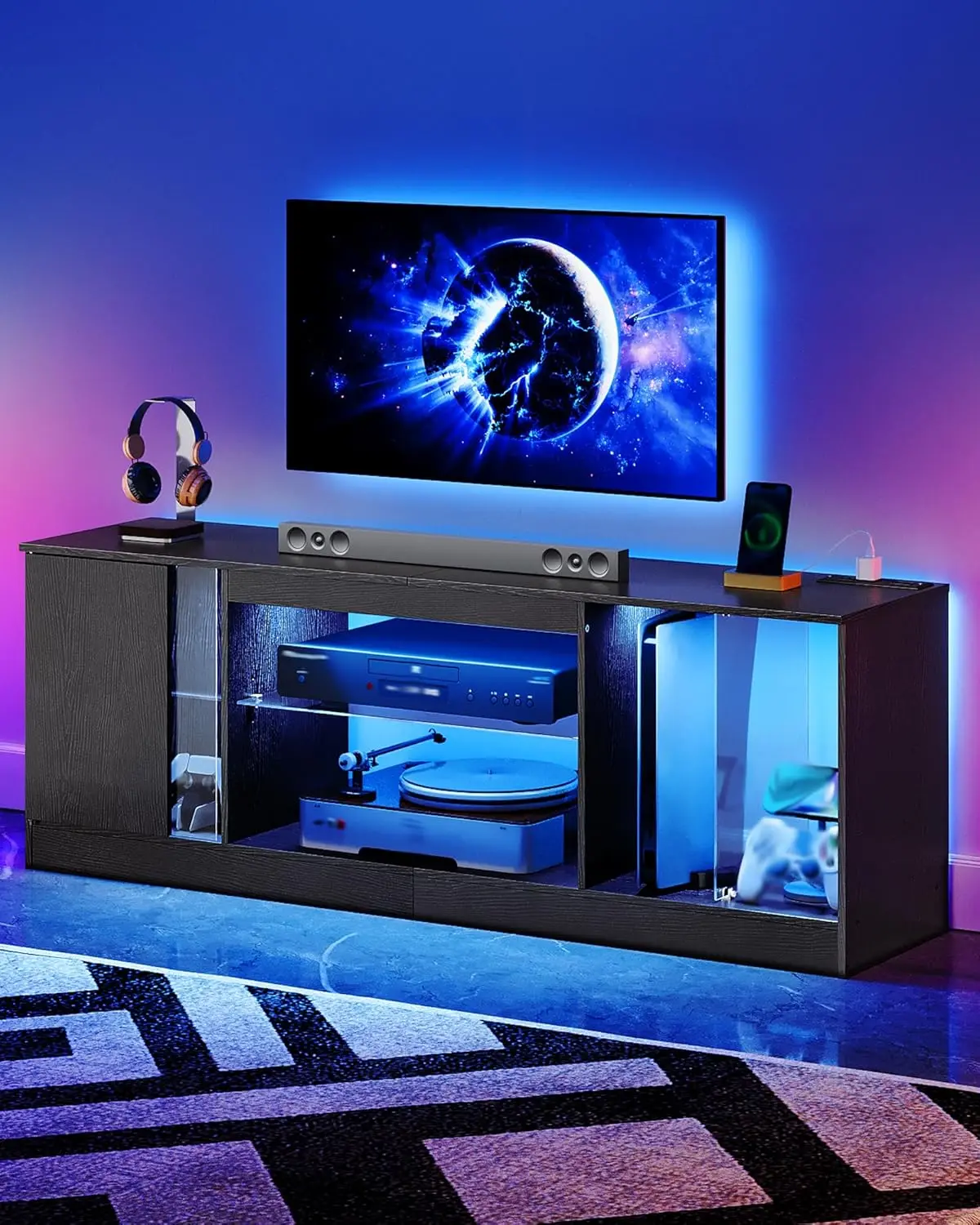 TV Stand with Power Outlets 55 65 inch, Modern Entertainment Center with Multi-Color LED Light, Media TV Console with Ad
