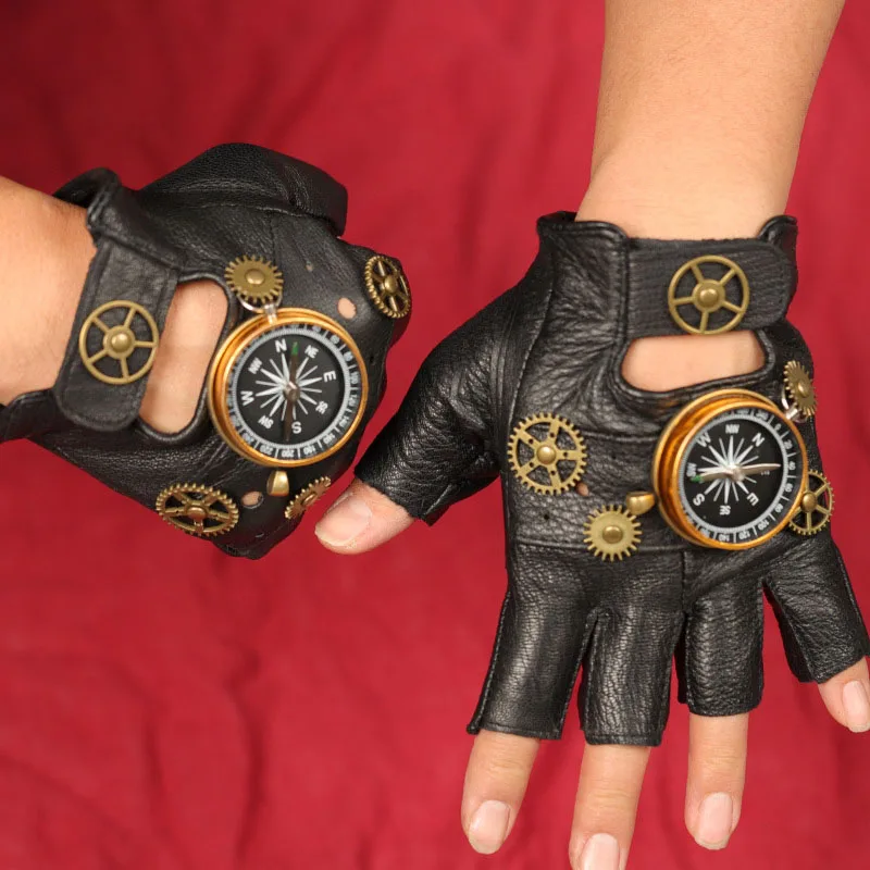 Medieval Men Women Steampunk PU Leather Compass Gloves Fingerless Fashion Hip Hop Punk Gloves Half Finger Gloves Cosplay Prop