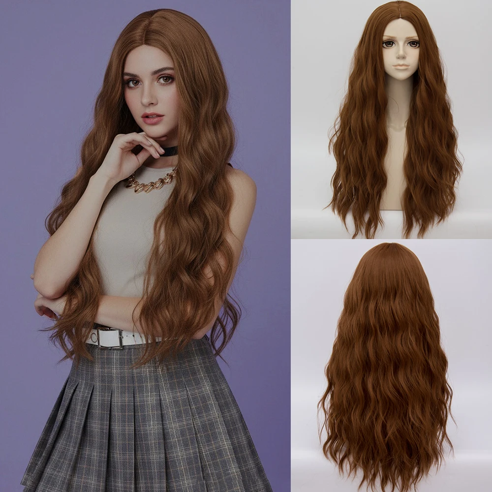 

Synthetic Long Curly Wave Brown Wig with Bangs for Women Daily Cosplay Lolita Party Fake Hair Heat Resistant