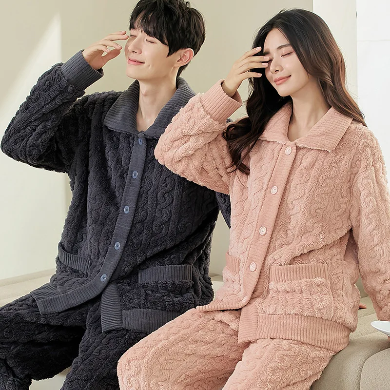 Autumn and winter new couples fleece thickened coral fleece comfortable warm pajamas men can wear loungewear