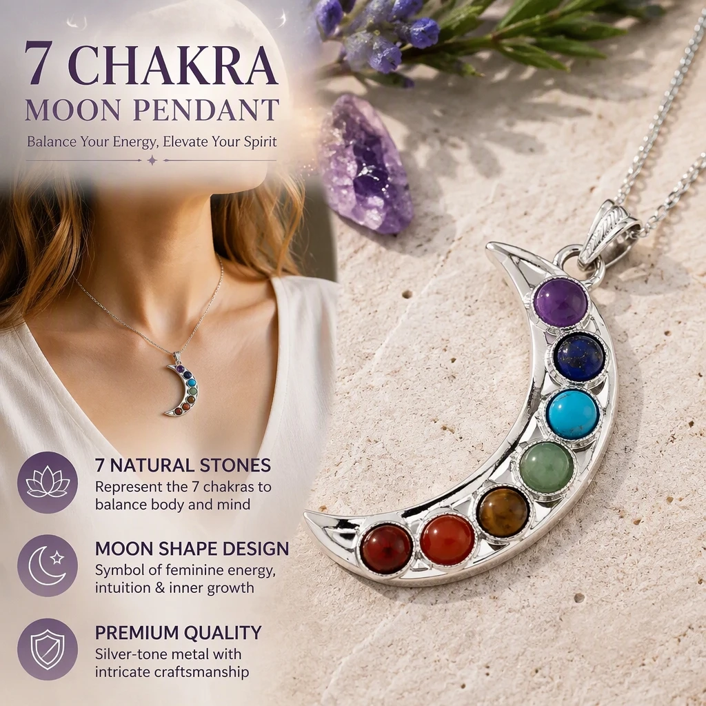 Foreign trade hot-selling crescent natural stone pendant; colorful chakra inlaid minimalist personalized gemstone necklace