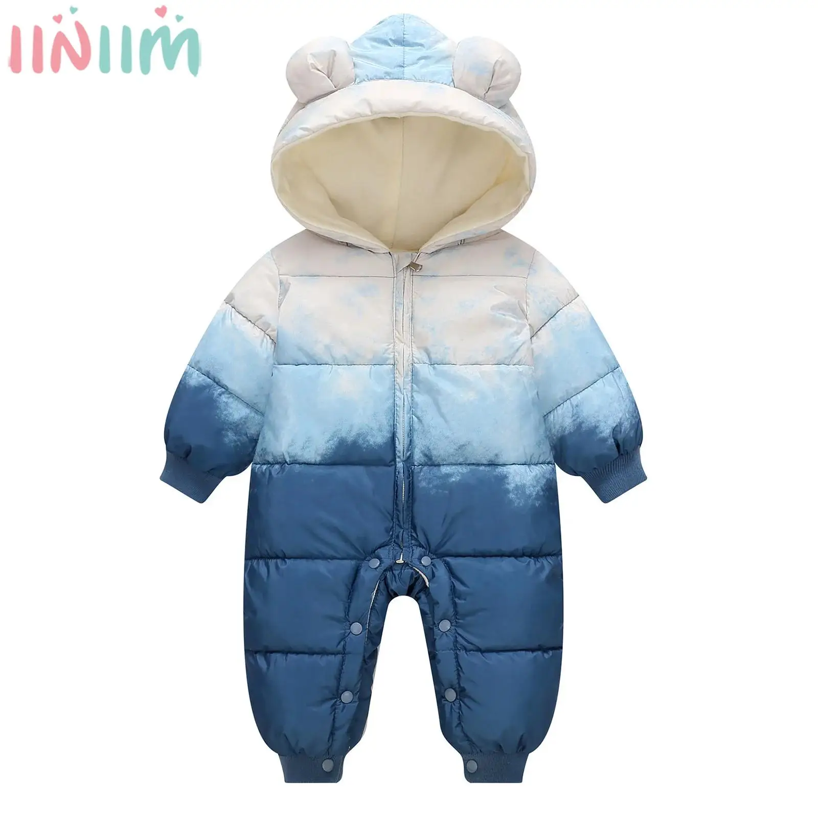 Newborn Baby Winter Warm Hooded Down Romper Jacket Snowsuit Long Sleeve Color Block Zipper Casual Cute Jumpsuit Outerwear Coat