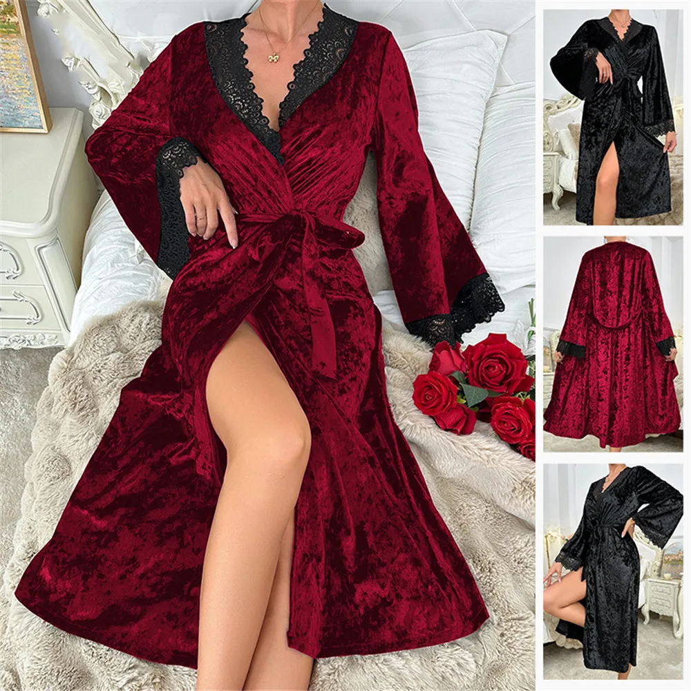 

Gold Velour Loose Kimono Bathrobe Women Winter Warm Velvet Robe Nightwear Sexy Sleepwear Lace Nightwear