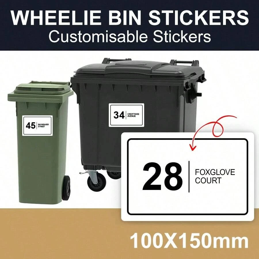 Custom Wheelie Bin Stickers Personalized House Number Street Name Decals Vinyl Horizontal Design Weather-Resistant Durable Home