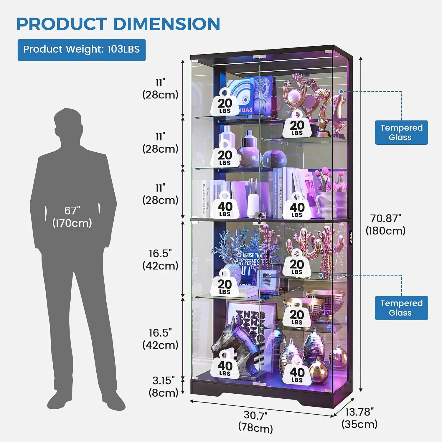 Lockable Display Cabinet with Glass Doors and RGB Lights - Black, Customized