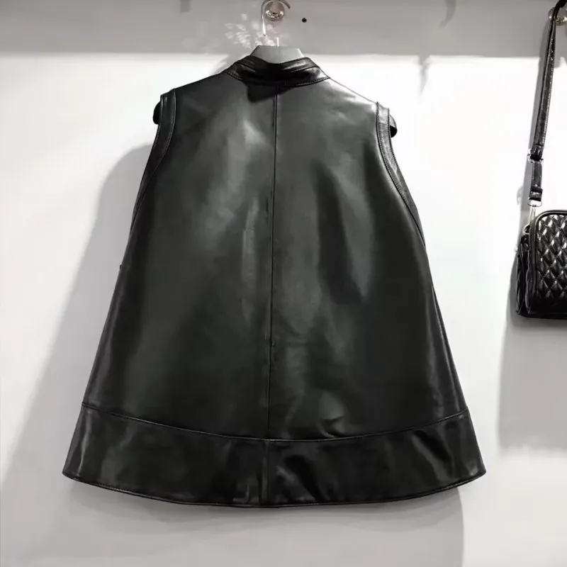 Chaleco Vintage de cuero genuino para Mujer, chaleco con cuello de pie de estilo chino, hebilla de Pipa de una sola fila, color negro