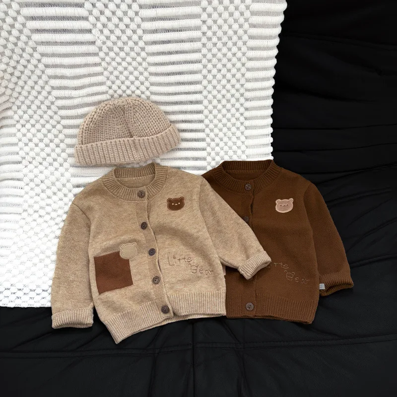 2026 Autumn New Children Sweater Coat Girls Long Sleeve Knitted Cardigan Cotton Boys Cute Cartoon Bear Knitwear Kids Clothes