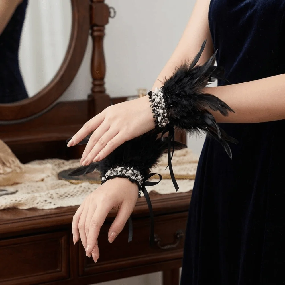 Elegant Lace Feather Wrist Cuffs Adjustable Lightweight Halloween Arm Cuff Pearl Gloves Wristband Themed Party
