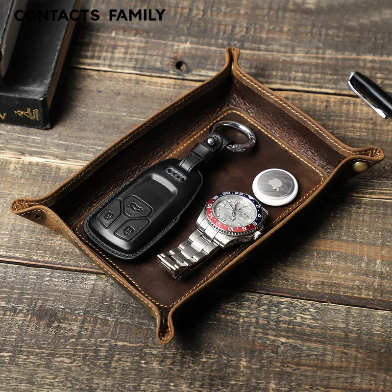 Retro Crazy Horse Leather Square Tray Handmade Creative Office Desk Trinket Storage Box Decorative Item