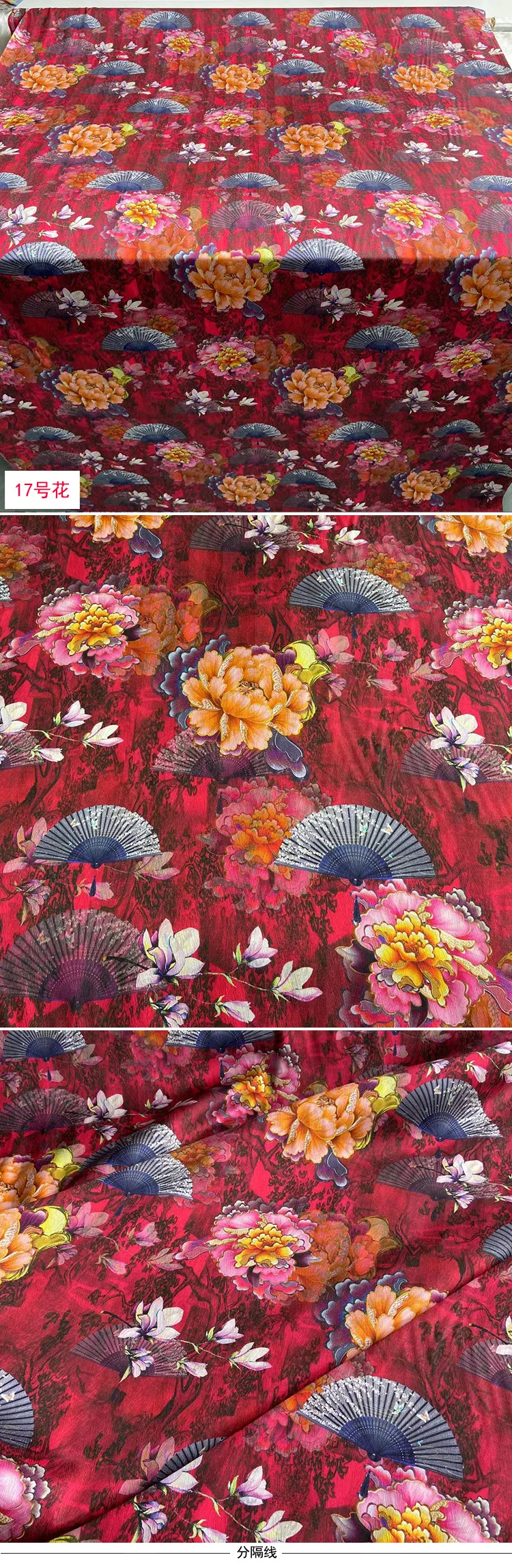 Fan and flowers red Mulberry Silk Fabric 19mm Stretch Satin Digital Print