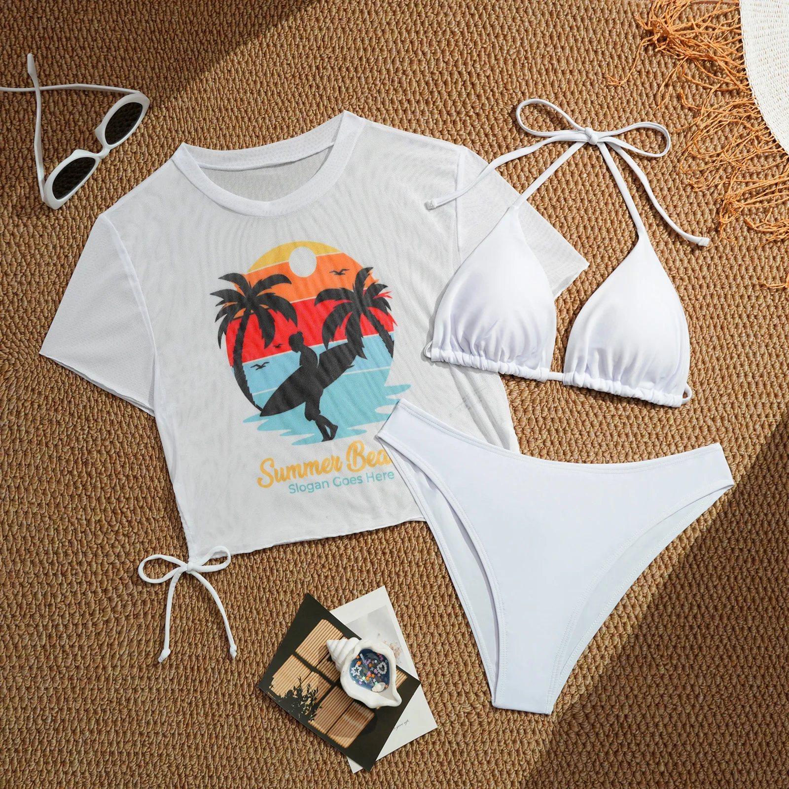 

2025 женское белое бикини с подкладкой на груди, новый сексуальный комплект из двух предметов с лямкой на шее и ремнями на шнурке, однотонный бразильский купальный костюм