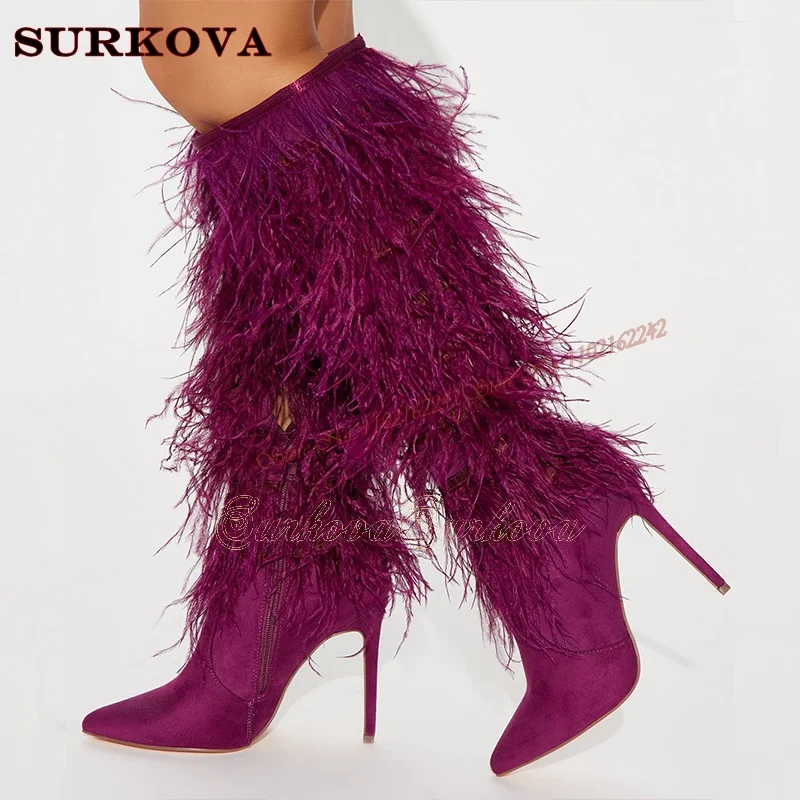 Plum Faux Ostrich Feather Pointed Toe Stiletto Heel Knee-High Boots Fashion Suede Side Zipper Long Boots Women'S Party Large Siz