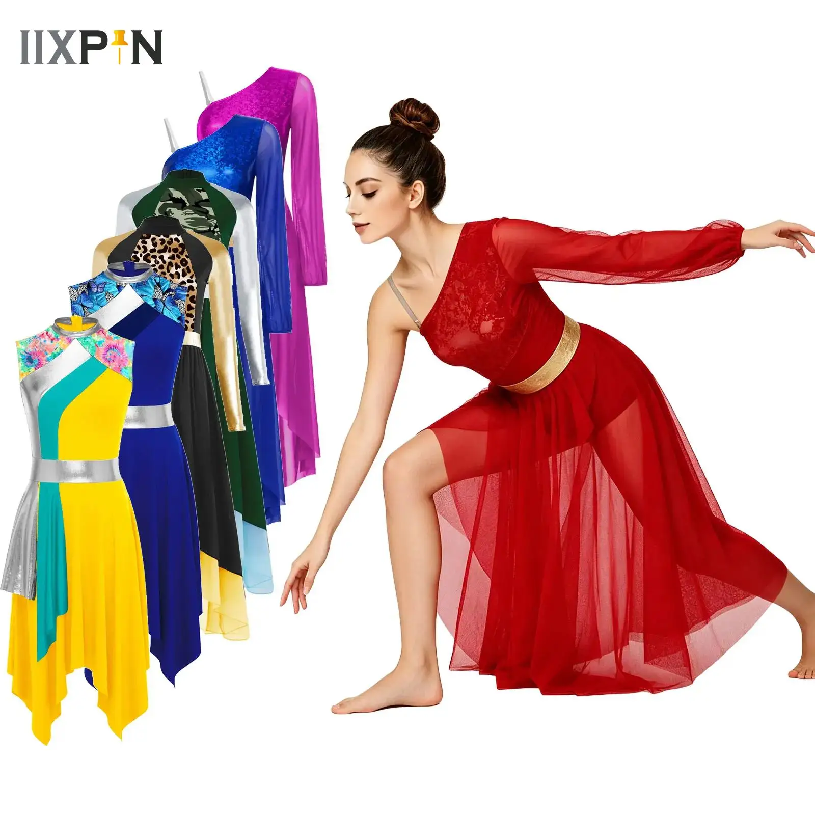 

Modern Lyrical Dance Stage Performance Costume Long Sleeve Metallic Shiny Sheer Mesh Long Maxi Dresses Figure Skating Dancewear