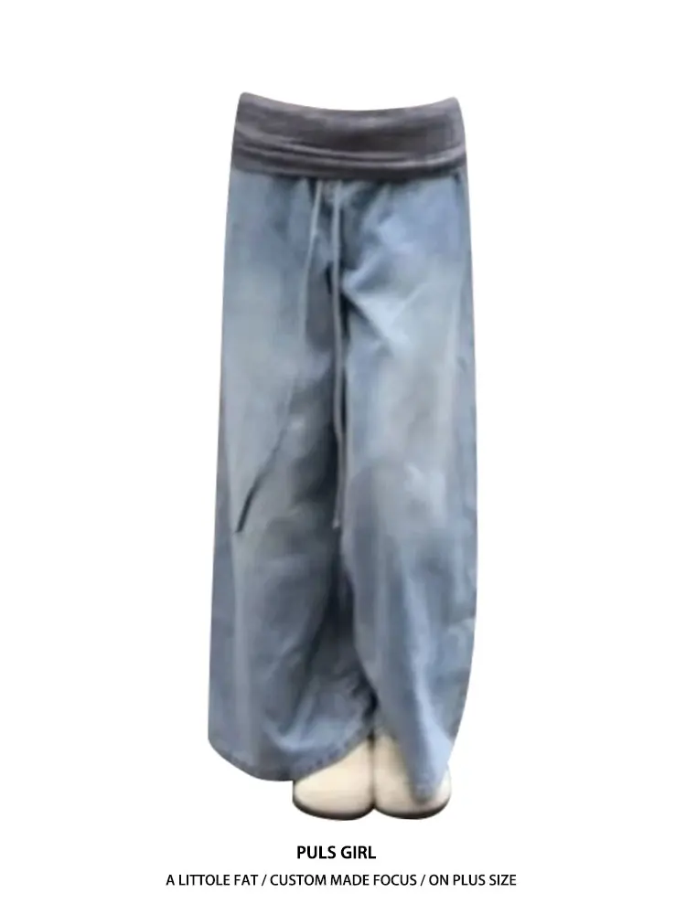

Retro American Large Size Women's Jeans High Waist Patchwork Washed out Flip Waist Loose Wide Leg Long Pants Casual Style