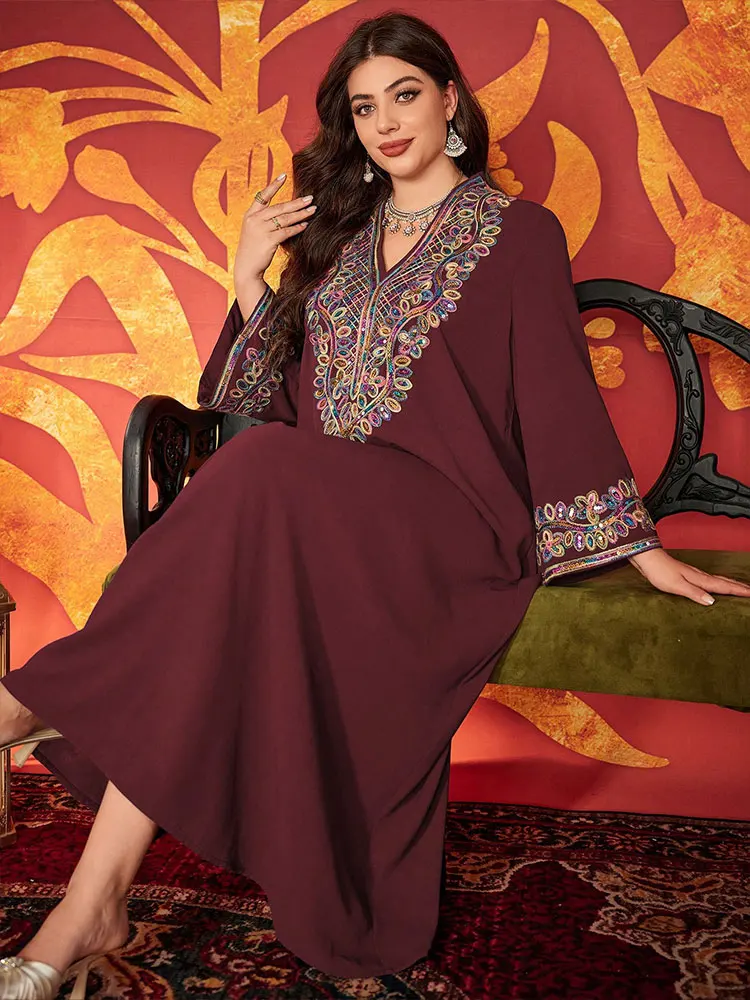TOLEEN Damen-Kleid in Übergröße mit V-Ausschnitt und langen Ärmeln, elegantes und locker sitzendes, besticktes Kleid für den täglichen Freizeitgebrauch – Detail 4