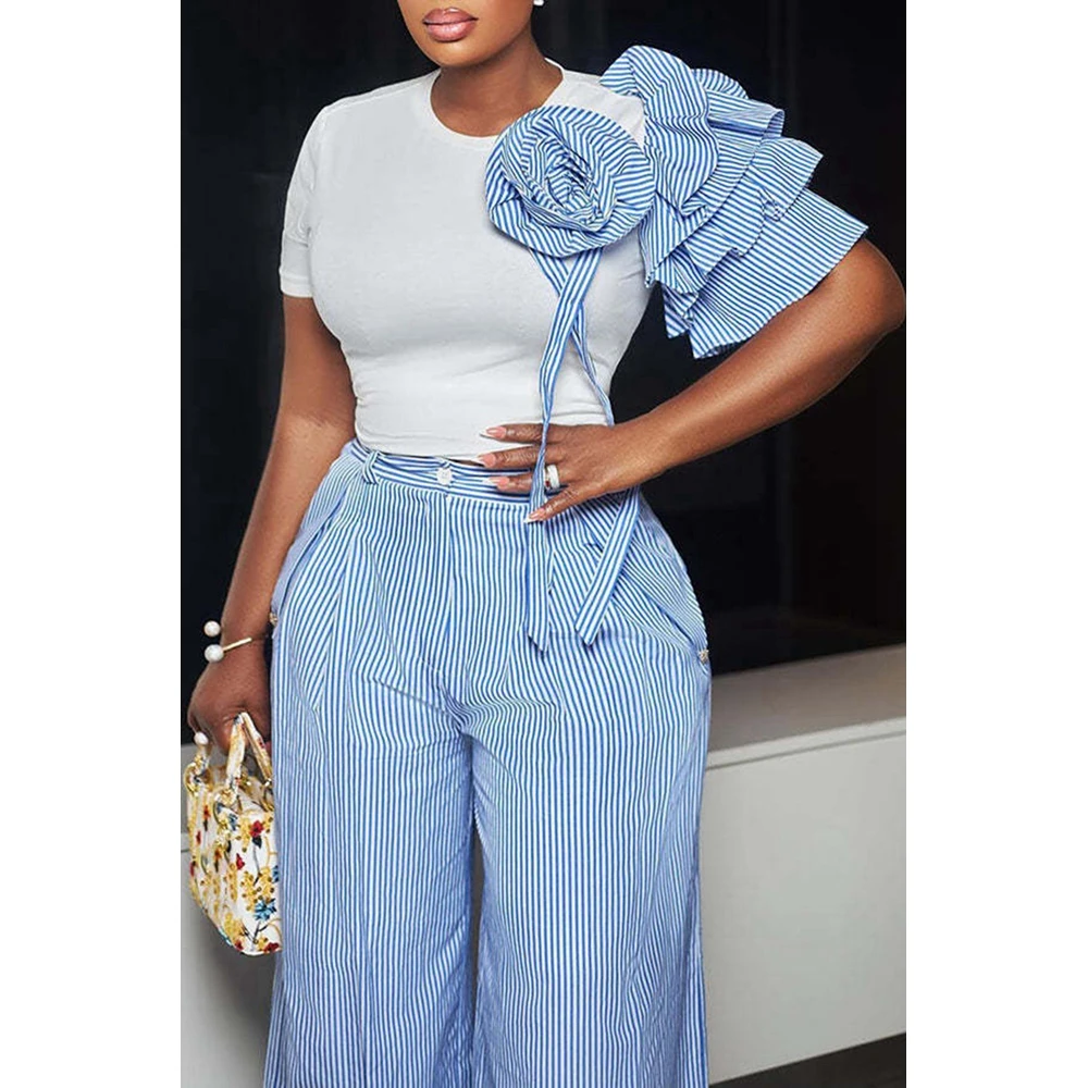 

Women Slim Fit T-shirt Top & Wide Leg Pants Set Flower Pattern Decor Elegant Striped Two Pieces Sets y2k Outfits