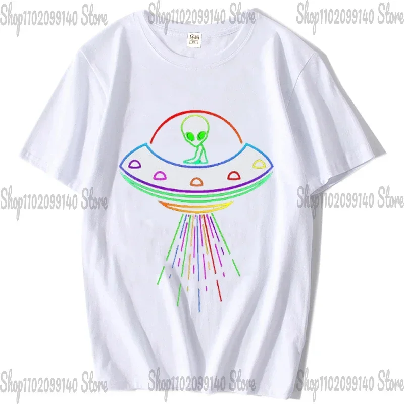 Space Alien UFO Neon Lights Rave Alien Lovers T-Shirt Funny Science Fiction Graphic Tee Tops Short Sleeve Blouses Aliens Outfits